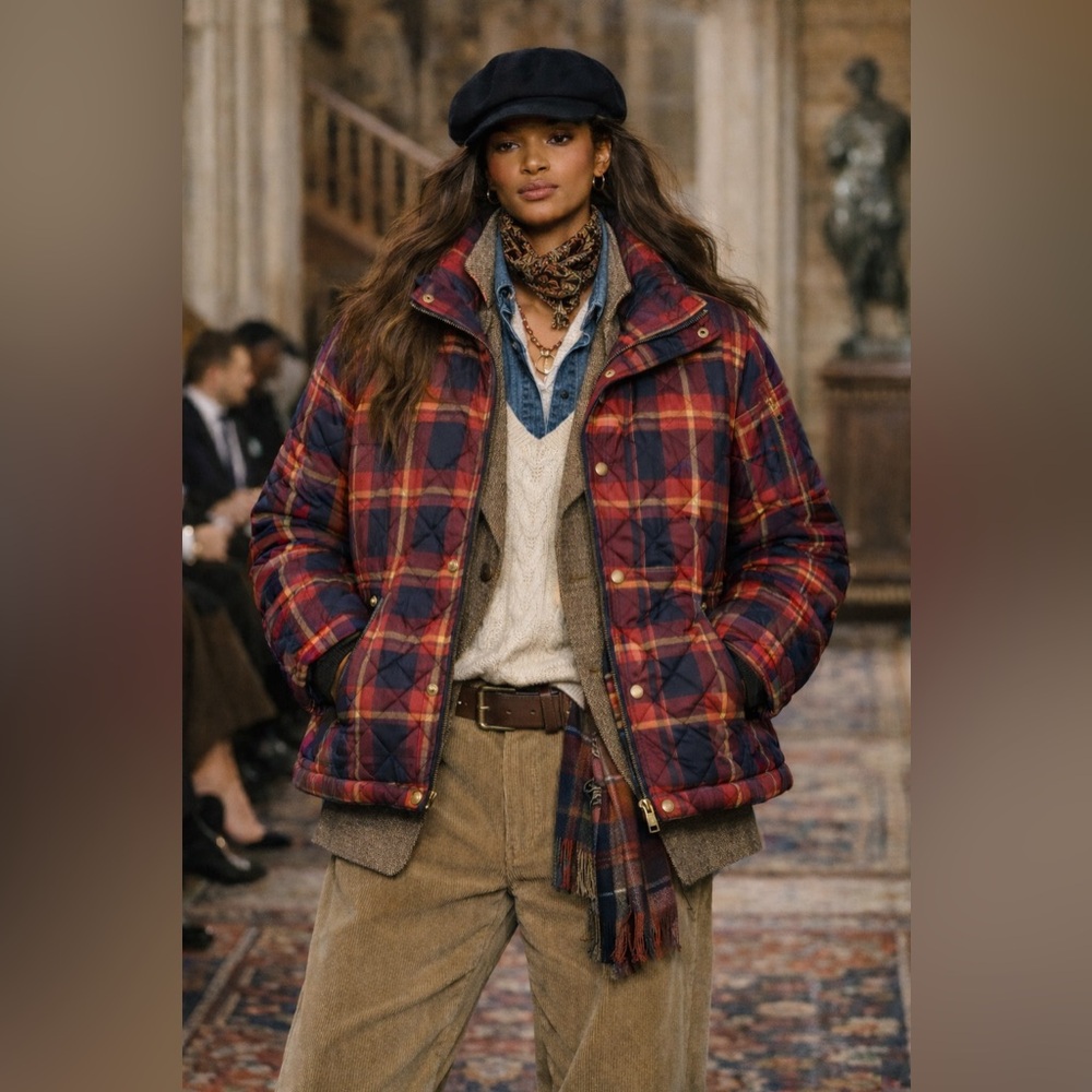 Burgundy, Blue & Yellow Plaid Quilted Jacket w Zipper Closure Mock Neck Collar - Picture 2 of 11